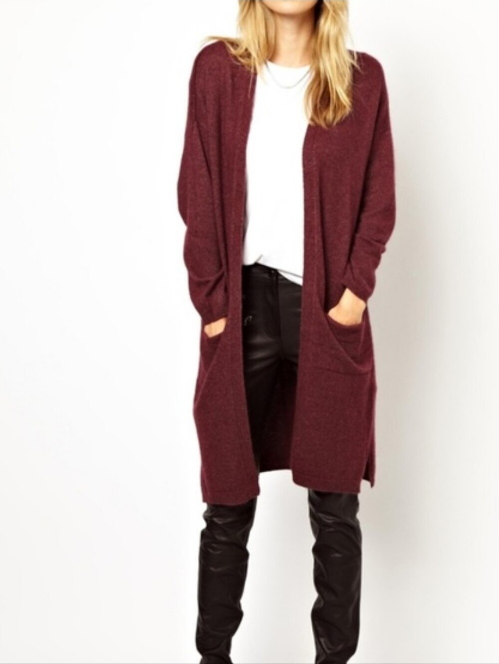 Selected Femme Longline Cardigan Sweater Open Front Burgundy Red Angora Wool LG